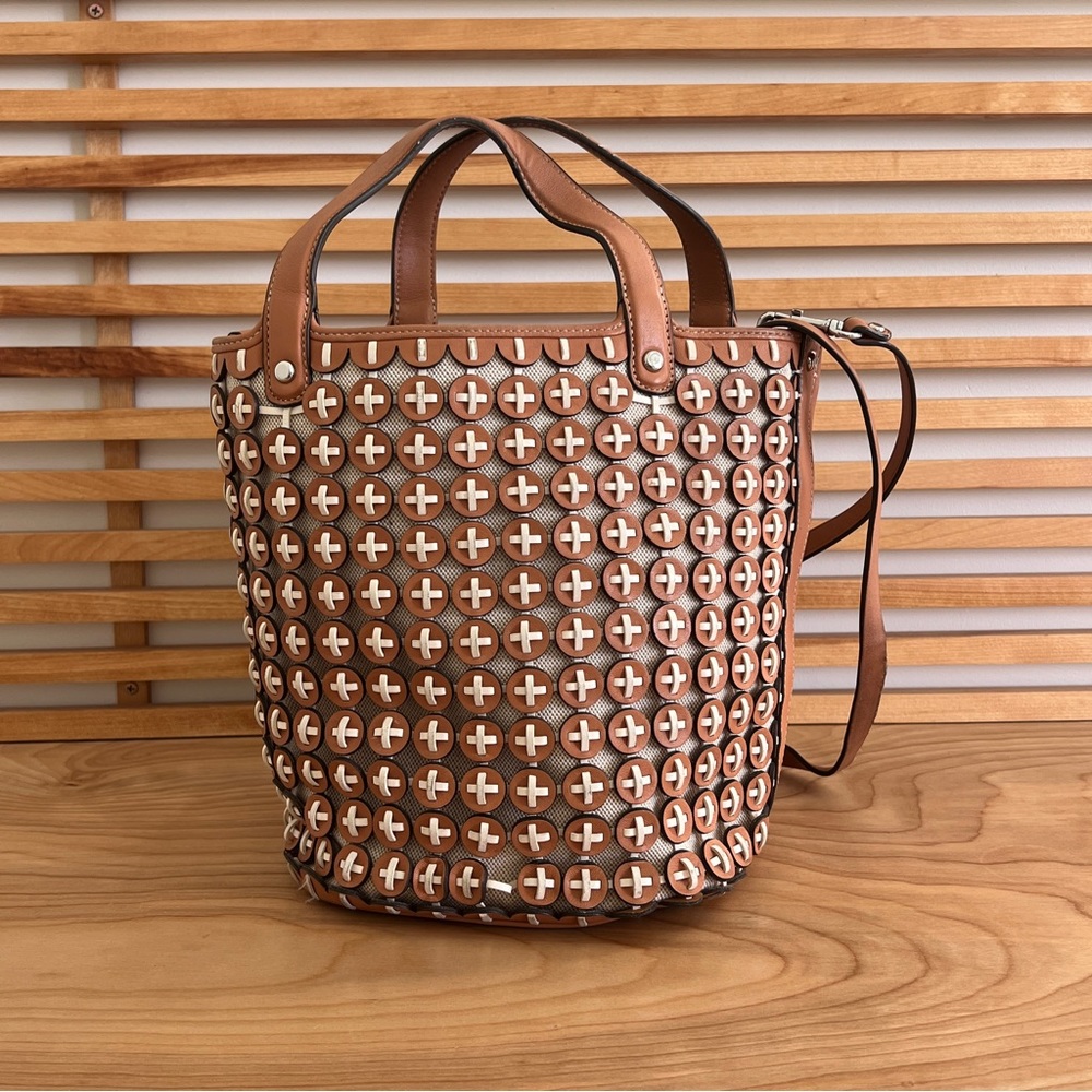 Tory Burch Brown and White Leather Cylinder Bag with Leather Woven Coin Details